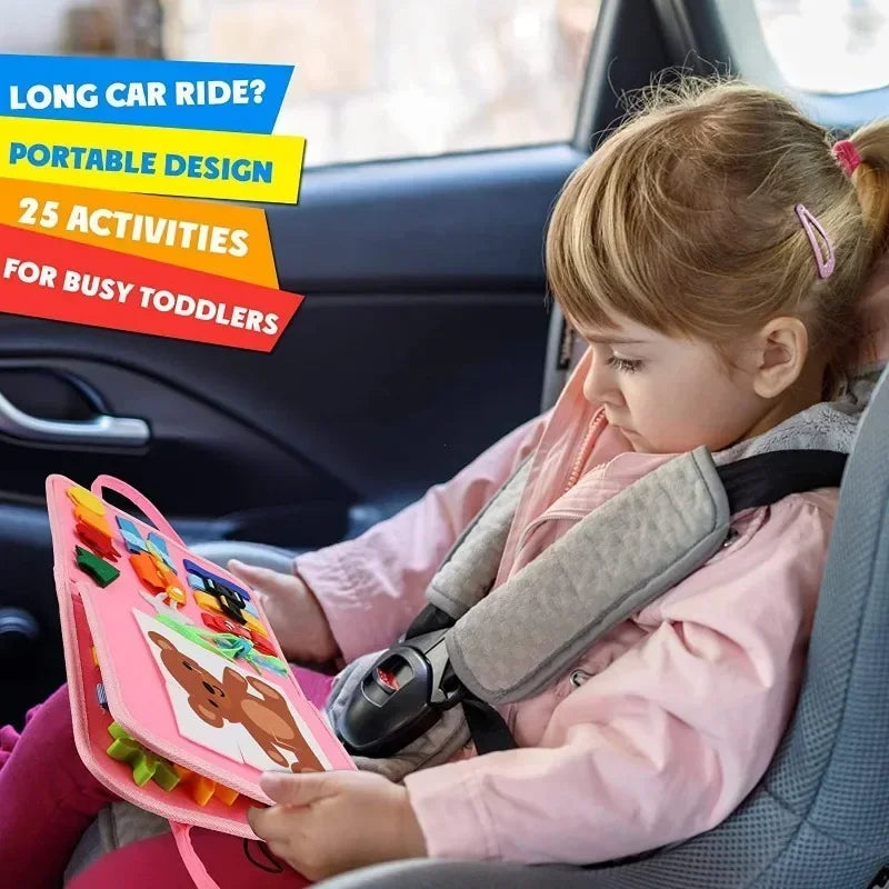 Toddler girl using pink Montessori Busy Board in car seat — text overlay reads "Long Car Ride? Portable Design, 25 Activities for Busy Toddlers"
