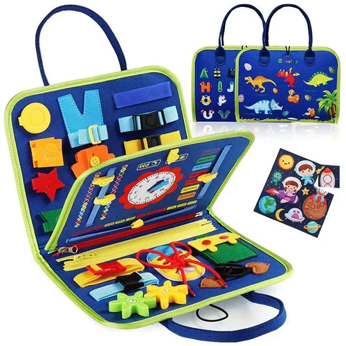 Blue Montessori Busy Board open showing 25+ sensory activities including clock, zipper, laces and buckles, with dinosaur exterior design and space sticker sheet 
