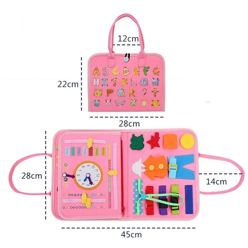 Pink Montessori Busy Board size dimensions diagram — 28x45cm open, 22x28cm closed, with alphabet exterior and clock activity panel
