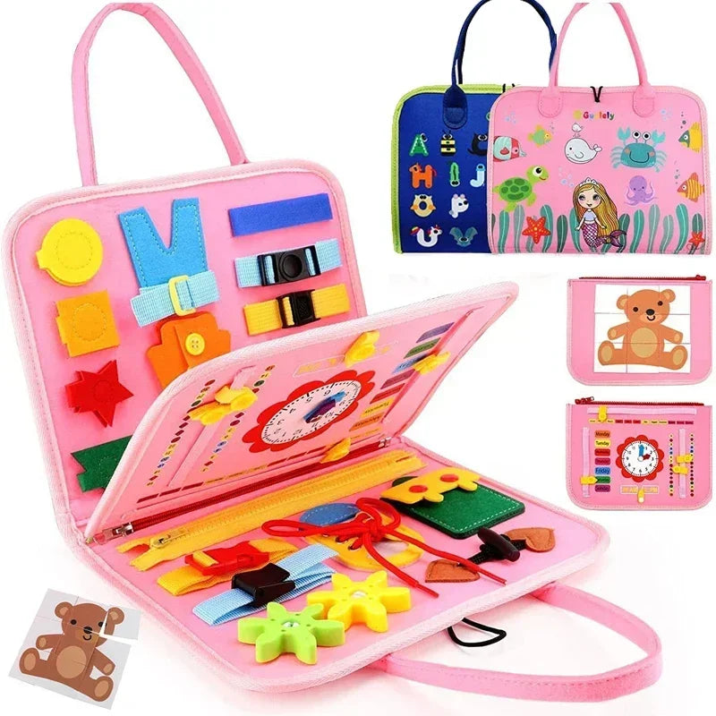 Pink Montessori Busy Board open with colorful felt activities including flowers, lacing, buttons and buckles, with mermaid ocean exterior and bear jigsaw puzzle